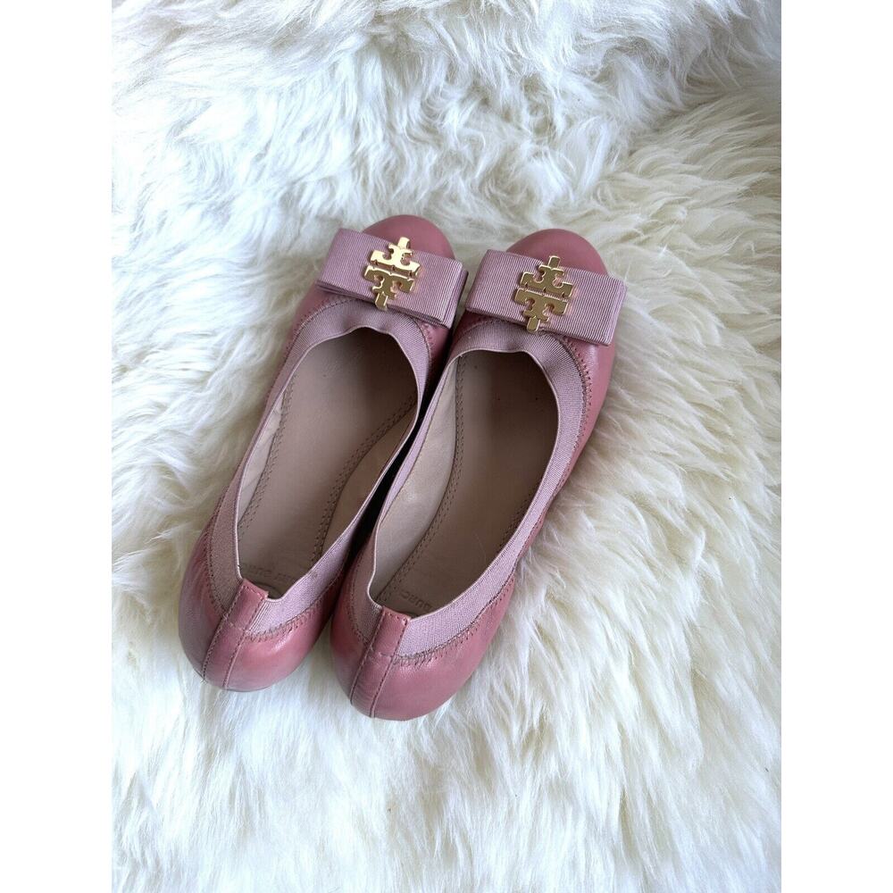 Tory Burch Soft Leather Pink Ballet Flats Gold Logo On Bow Size 5/35 Worn Once